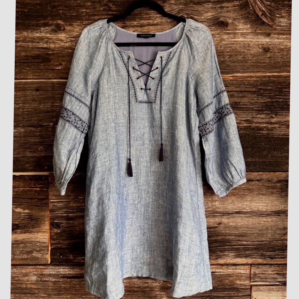 Sanctuary 100% Linen Lace Up Tunic Dress Blue XS Boho